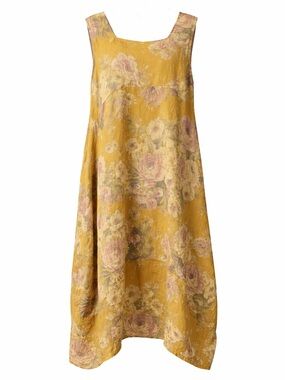 Italian Linen Floral Dress 1X Yellow Boho Midi Lagenlook